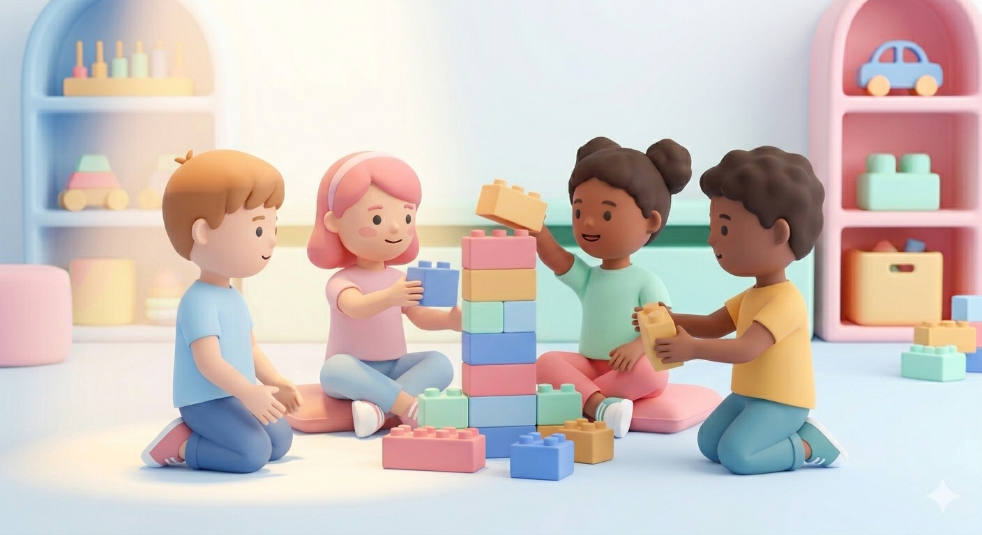 Dzieci budujące razem